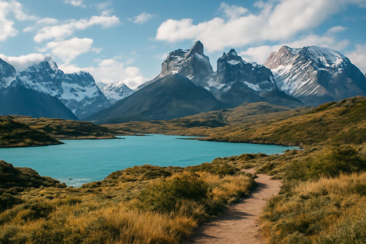 Patagóniai táj, zöldellő dombokkal és kék tóval, háttérben havas hegyekkel.