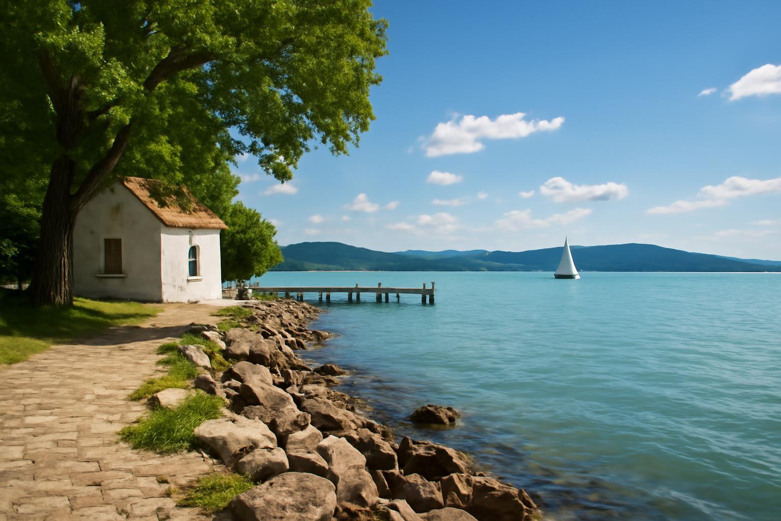 A Balaton partján álló kis ház, mögötte a víz és a vitorlás hajó.