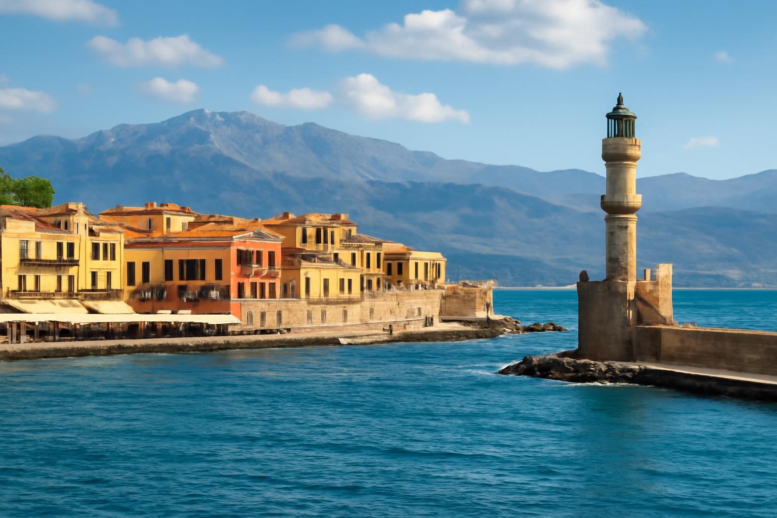 Kréta nyugati részén található Chania városának tengerparti látképe, színes házakkal és világítótoronnyal.