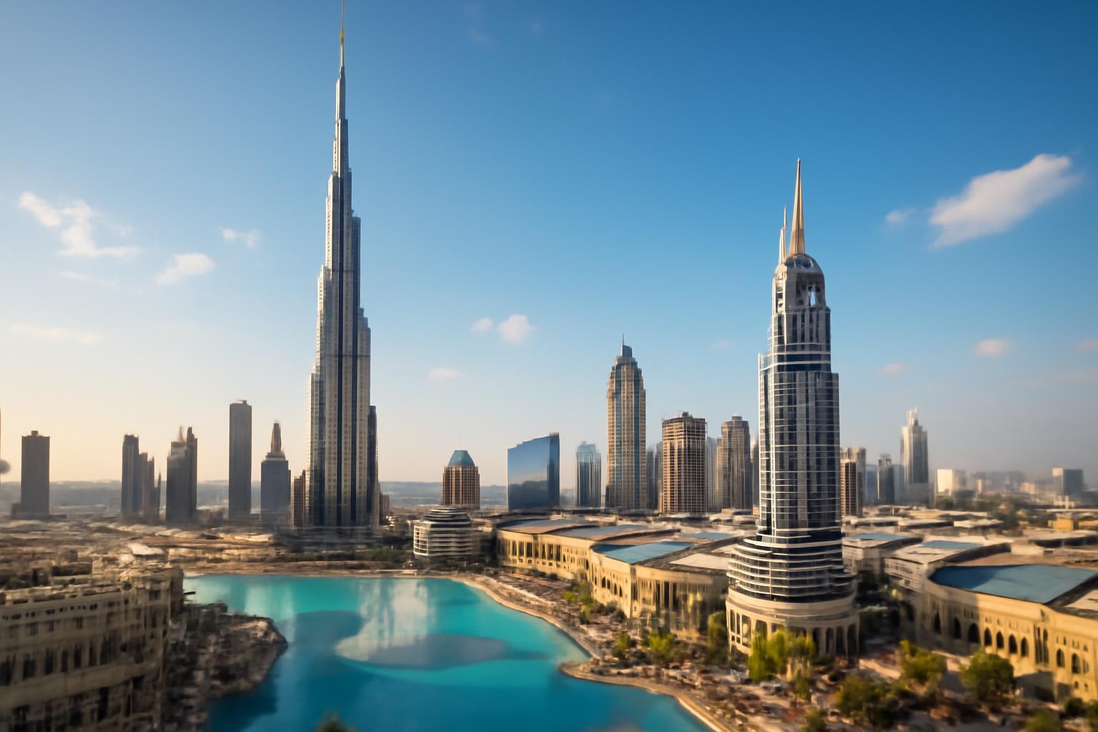 Dubaj városkép, a Burj Khalifa és modern felhőkarcolók a háttérben.