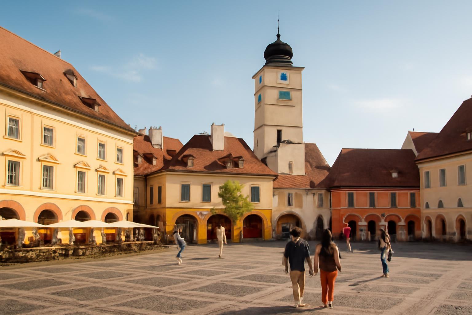 Nagyszeben történelmi belvárosa, színes épületekkel és macskaköves térrel.
