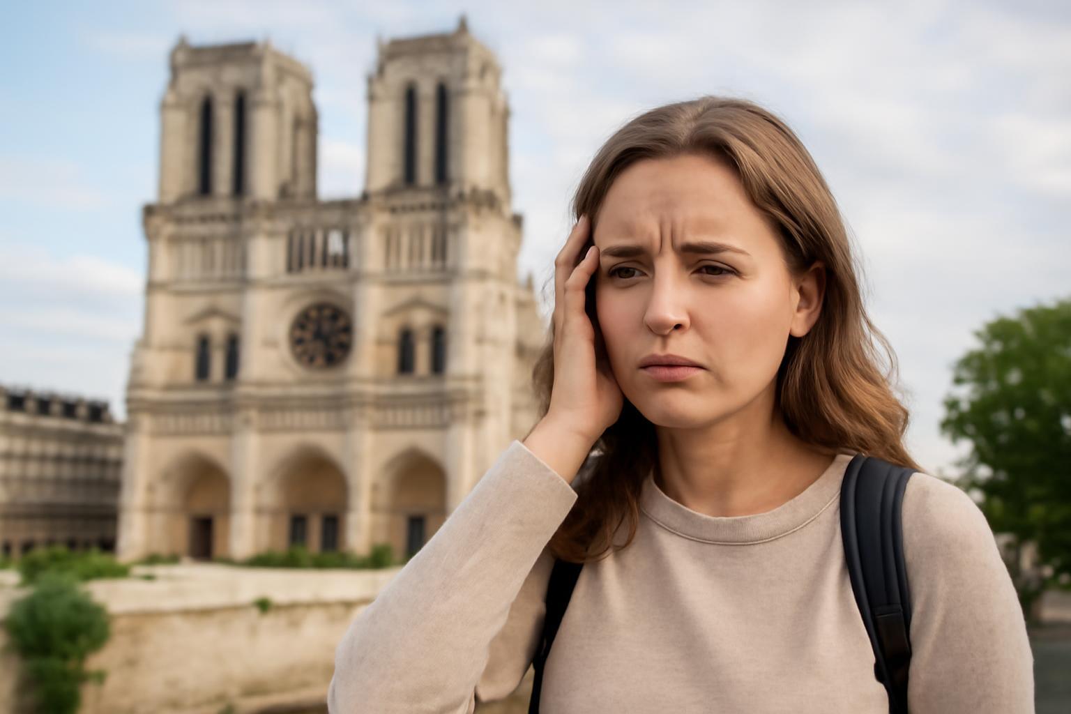Egy fiatal nő áll a Notre-Dame előtt, szomorú arckifejezéssel.