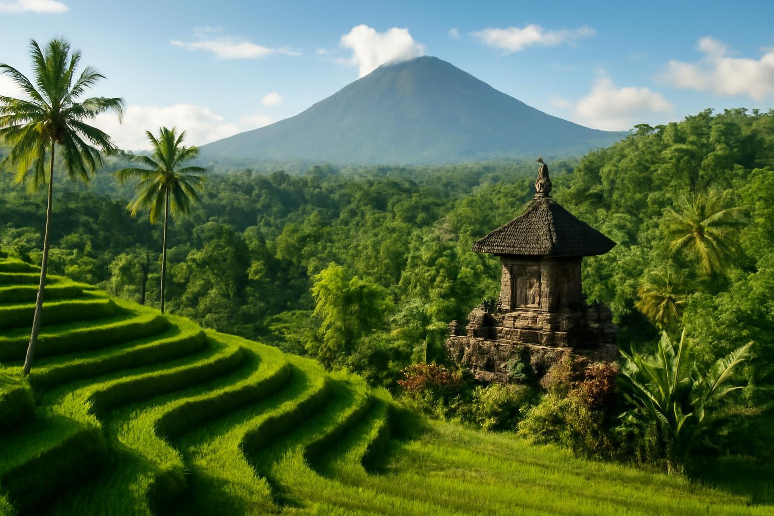Bali buja rizsföldjei és egy ősi templom a háttérben lévő vulkánnal.