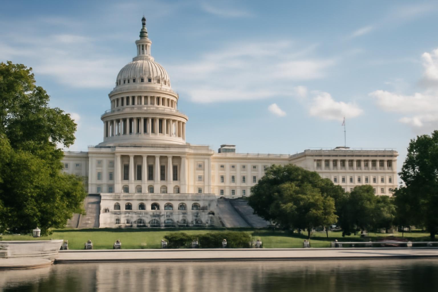 A Capitolium épülete Washington D.C.-ben, zöld fák és vízpart mellett.