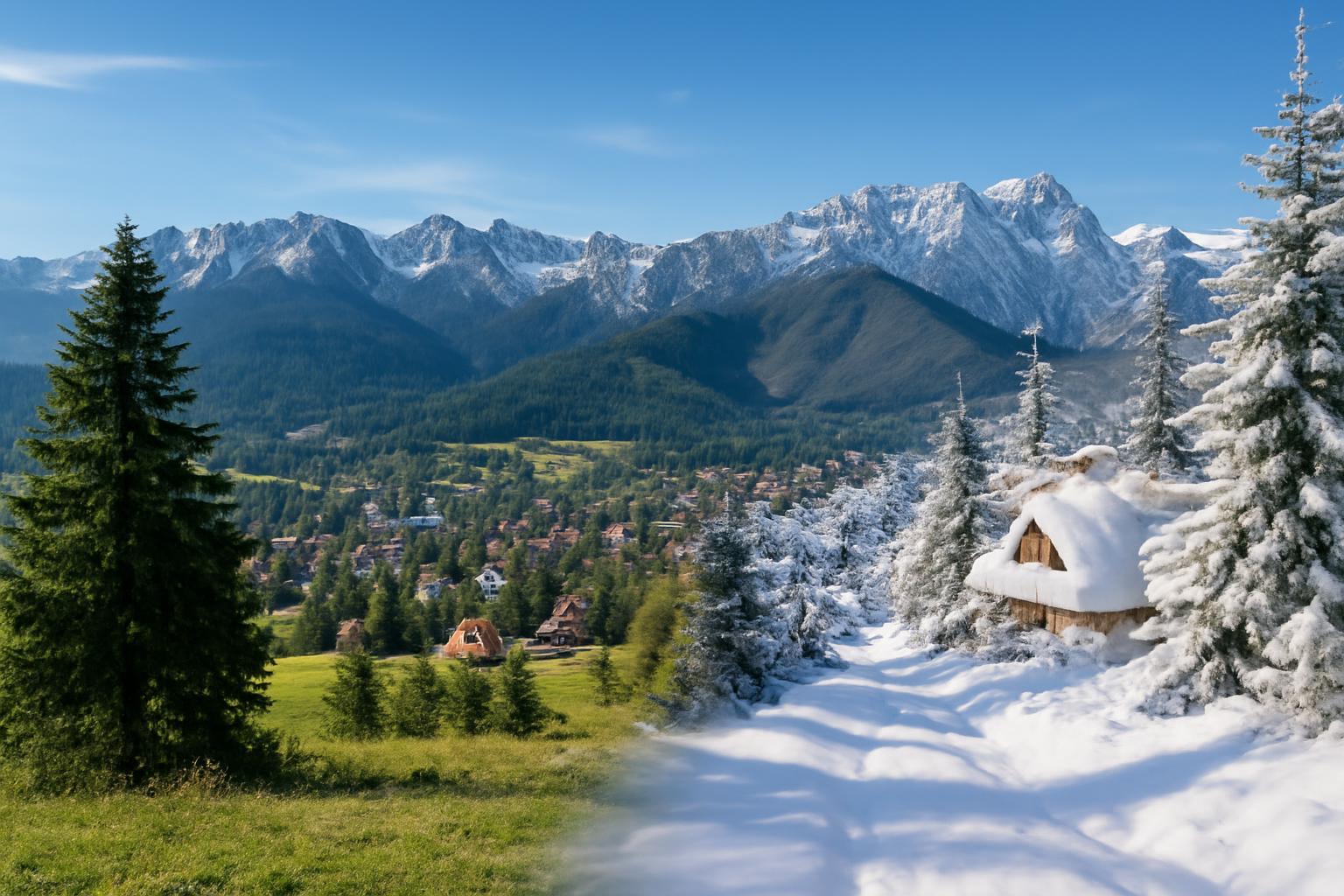 Zakopane nyári és téli tája, hegyekkel és hóval borított fenyőfákkal.