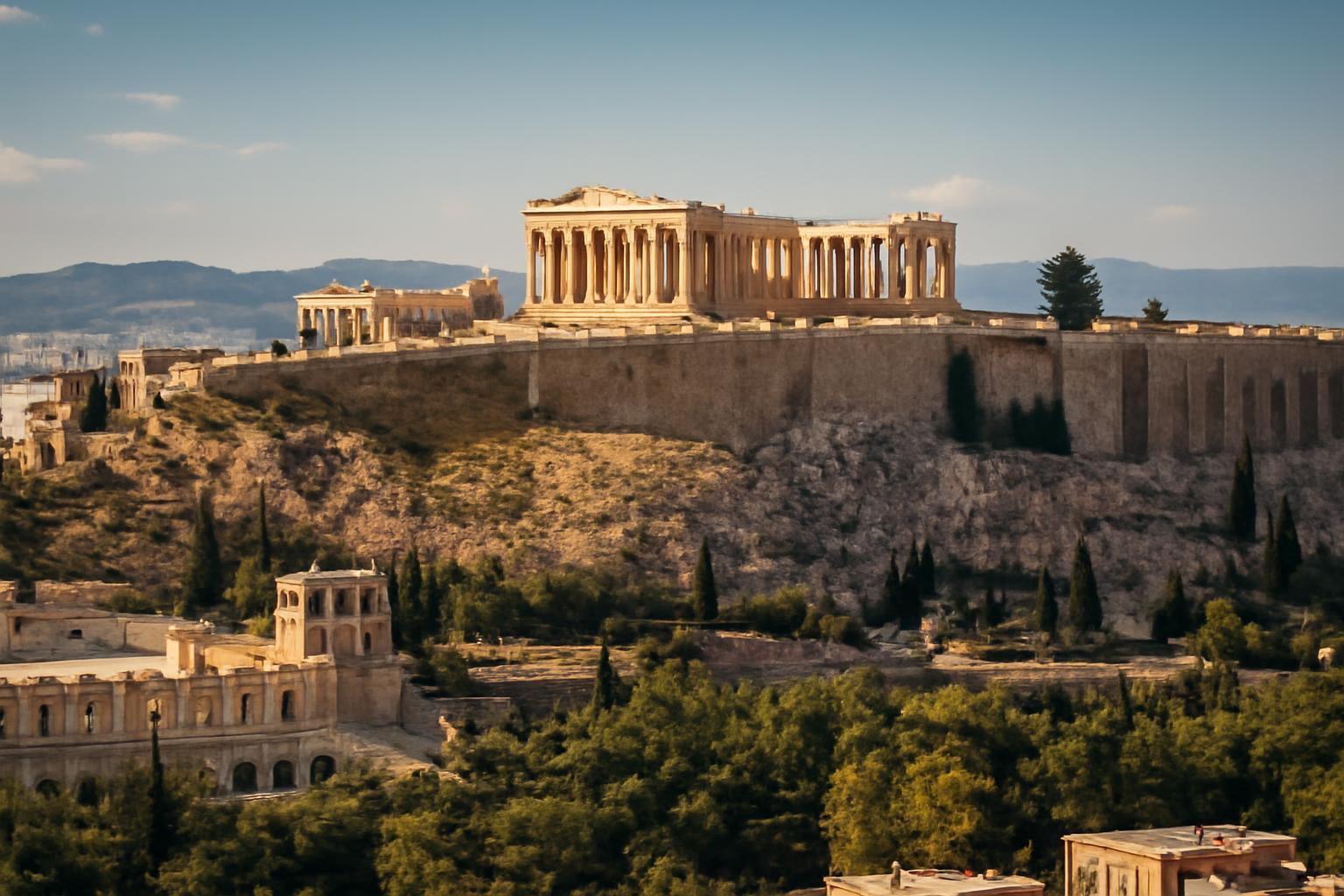 Az Akropolisz lenyűgöző látképe Athénban, zöldellő dombokkal körülvéve.