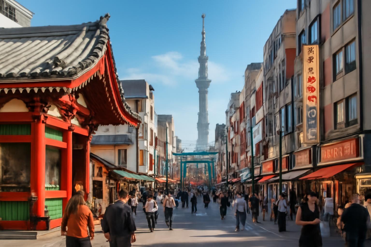 Asakusa hagyományos templomai és a Tokiói Torony a háttérben, nyüzsgő utcával.