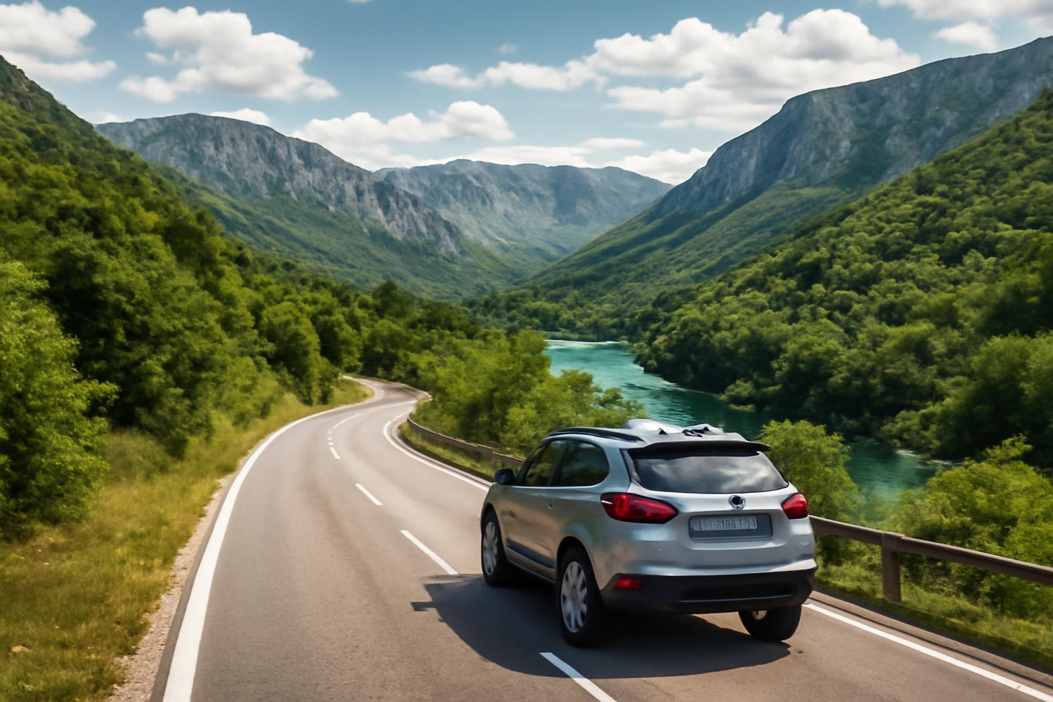 Egy ezüst autó halad a Balkán hegyvidéki útján, zöld fák és folyó mellett.