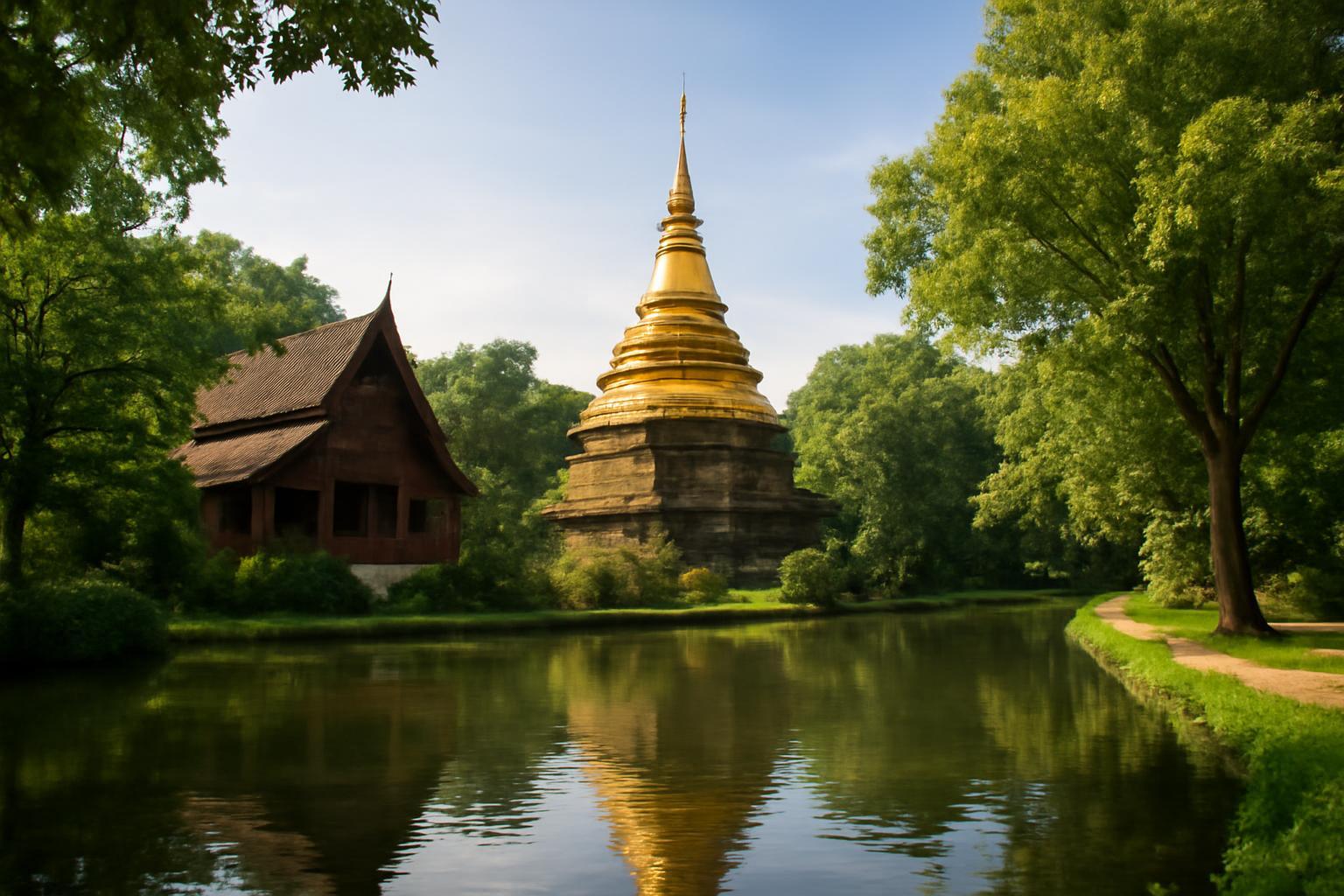 Chiang Mai zöldellő tája, aranytemplom és tradicionális ház a vízparton.