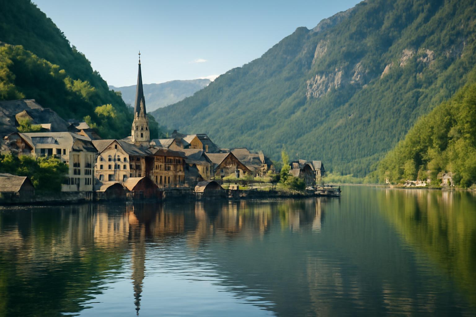 Bájos falvak a Hallstatt közelében, festői tájjal és vízparti épületekkel.