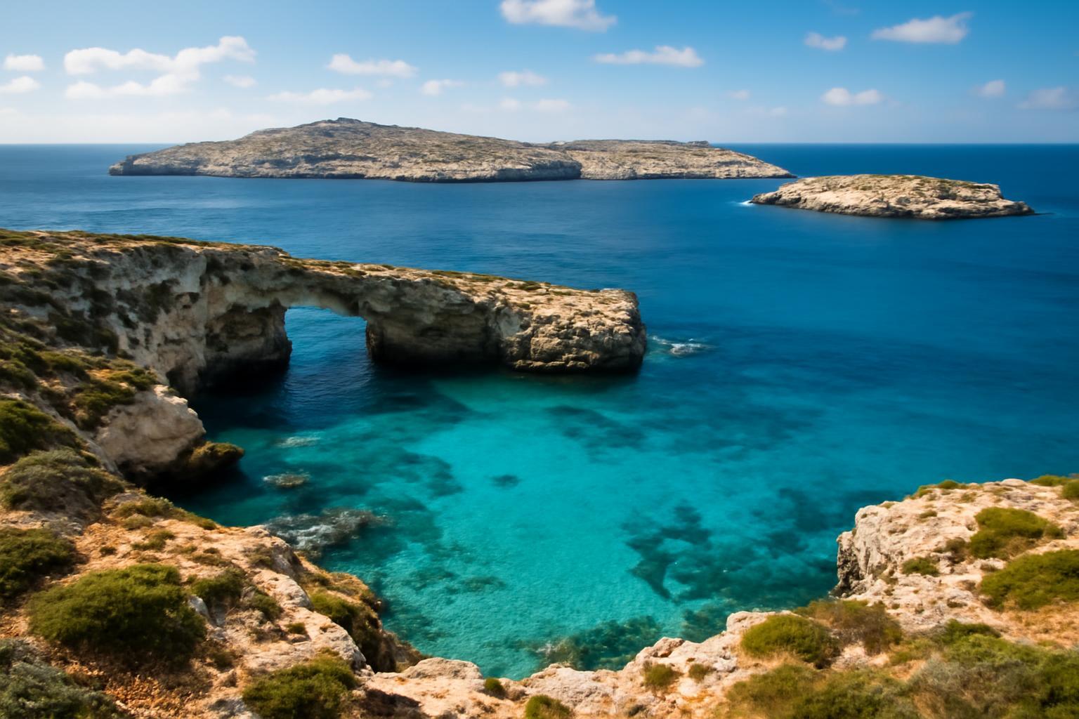 Gozo és Comino szigetek látképe, kristálytiszta víz és sziklaformációk.