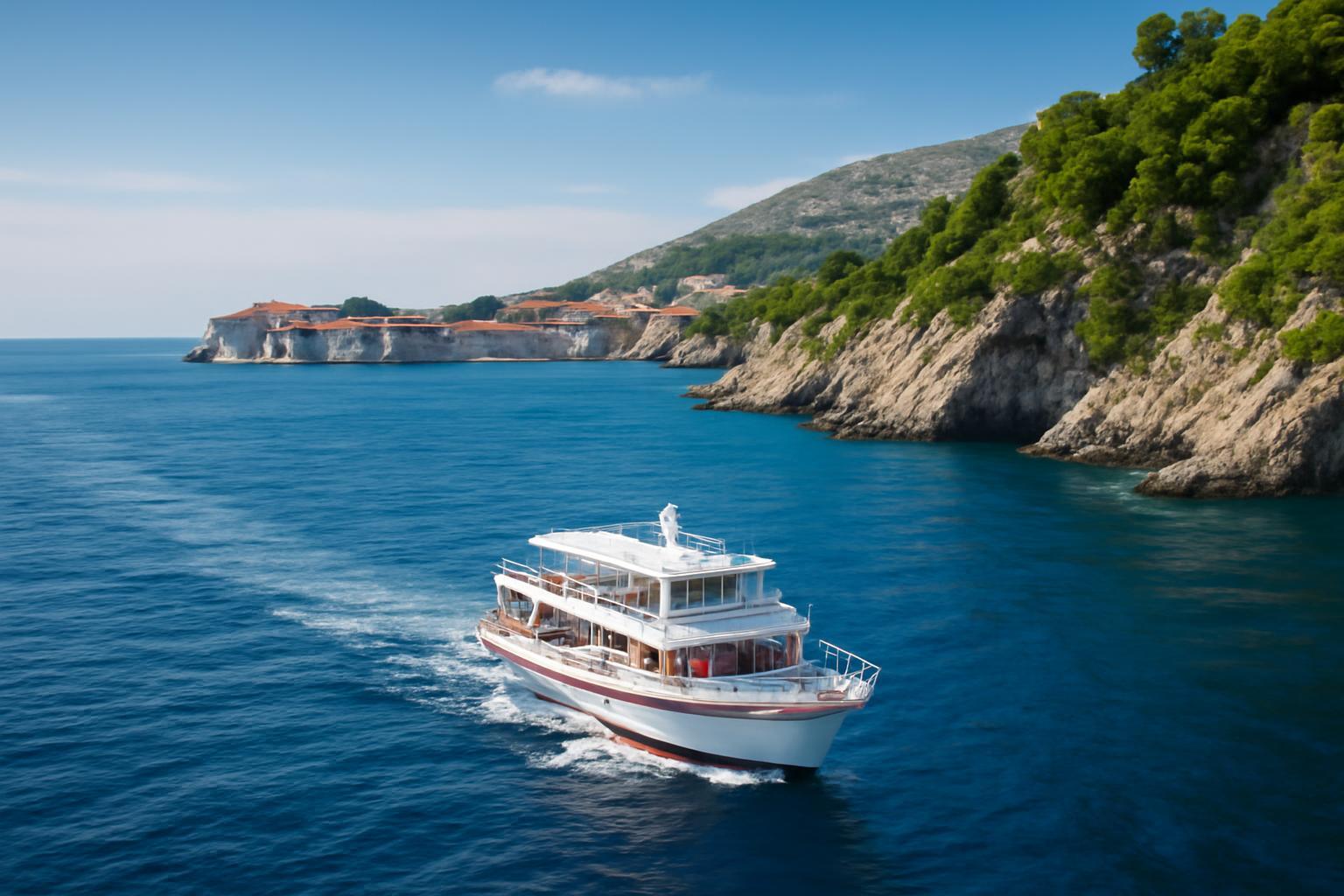 Egy hajó halad Dubrovnik partja mentén, gyönyörű kék vízben.