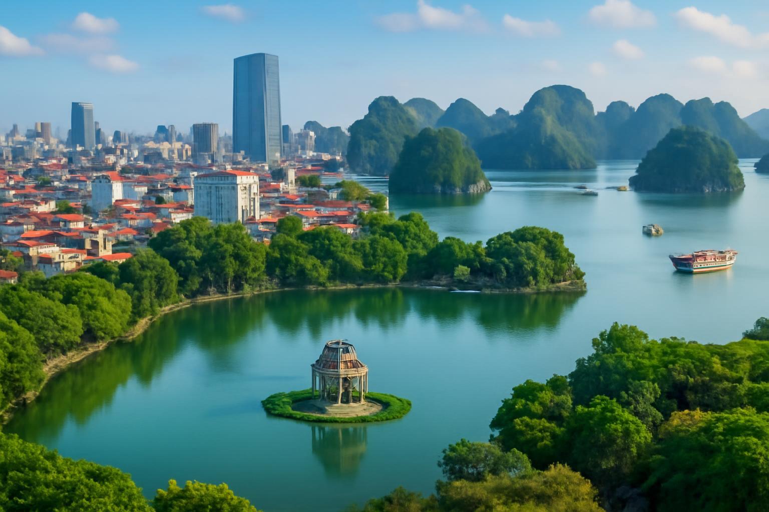 Hanoi városának panorámája, zöld szigetekkel és vízfelülettel a Ha Long-öböl közelében.