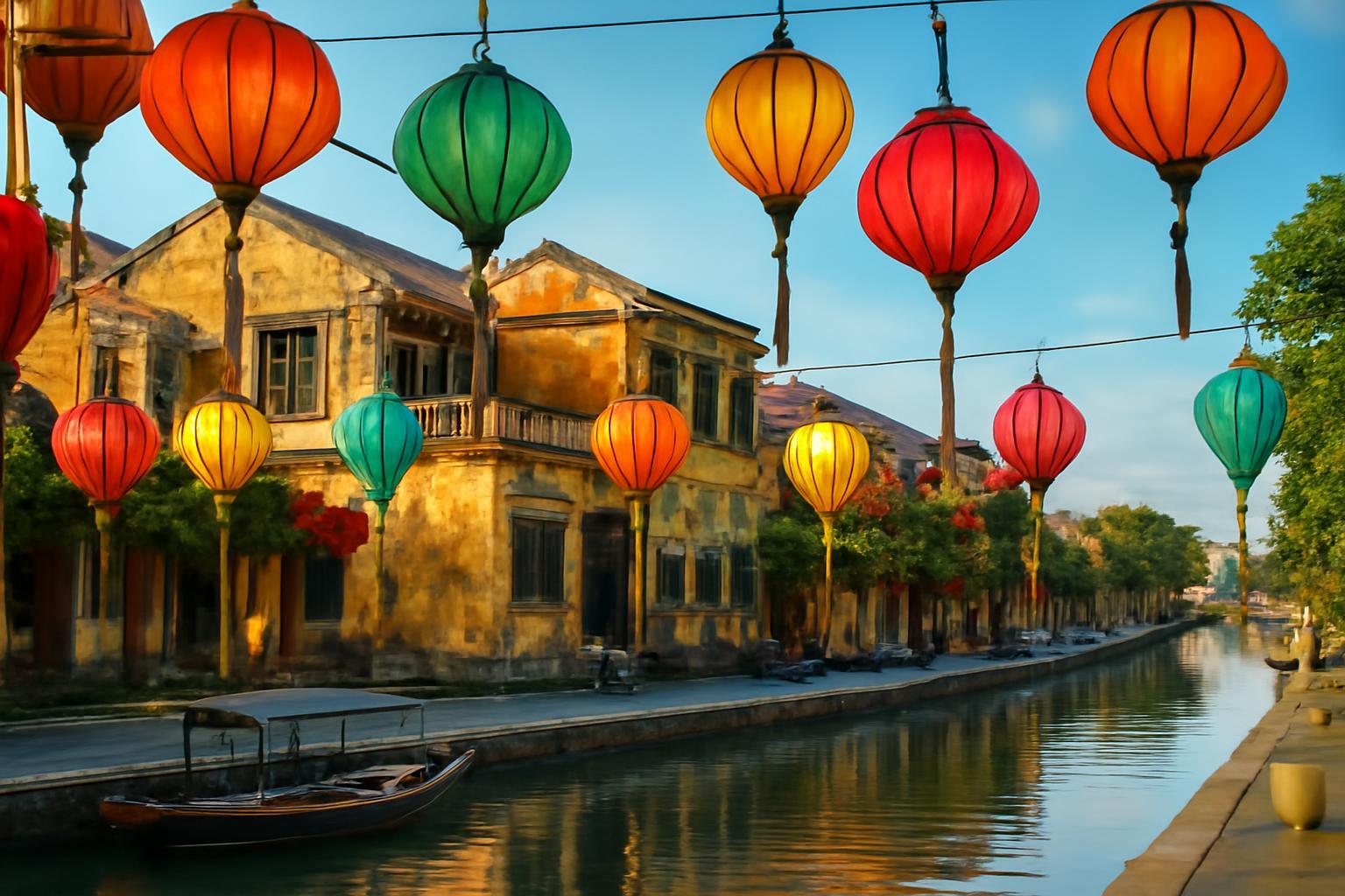 Színes lámpások lógnak egy vízparti utcán Hoi An óvárosában, háttérben régi épületek.