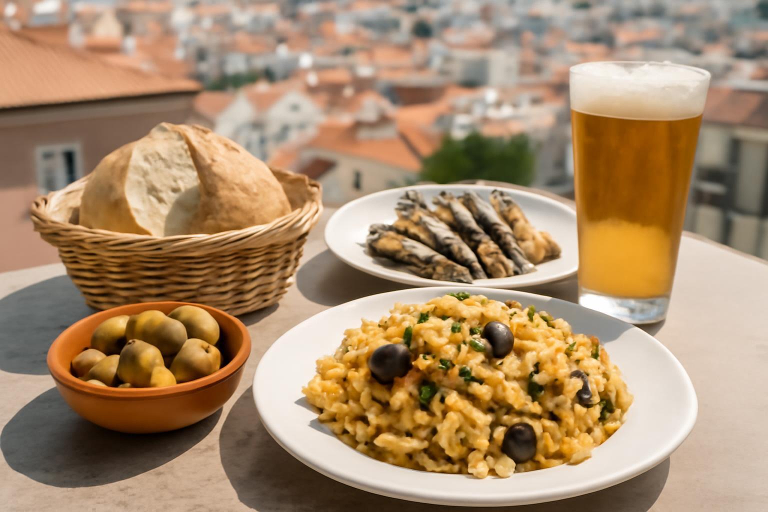 Egy ínycsiklandó portugál étkezés Lisszabonban, friss tengeri herkentyűkkel és rizottóval.