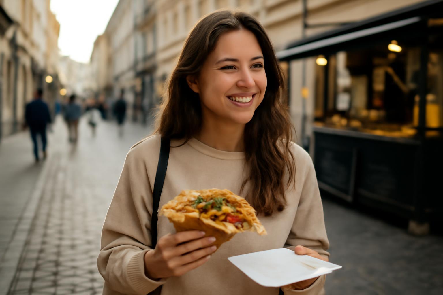 Egy fiatal nő mosolyogva tart egy ízletes street food falatot a kezében.