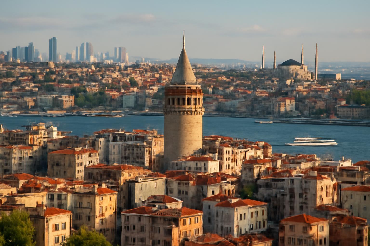 A Galata-torony és Isztambul városrészei a Boszporusz partján.