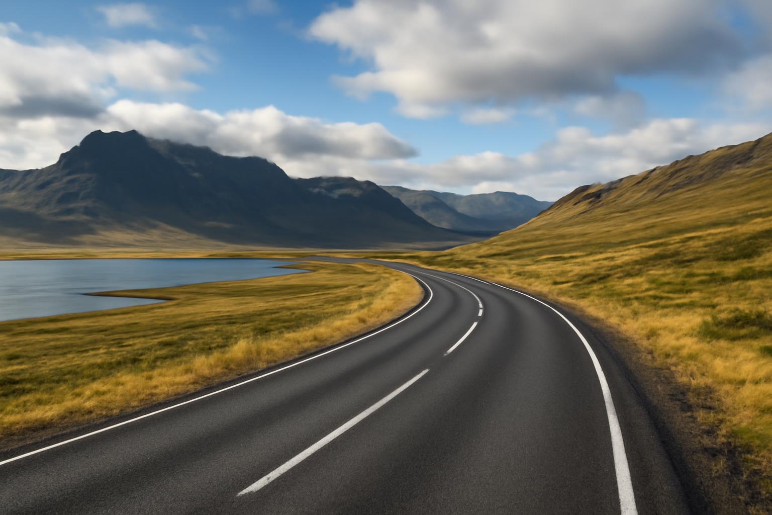 Egy kanyargós út Izland gyűrűútján, gyönyörű hegyek és vízpart mellett.