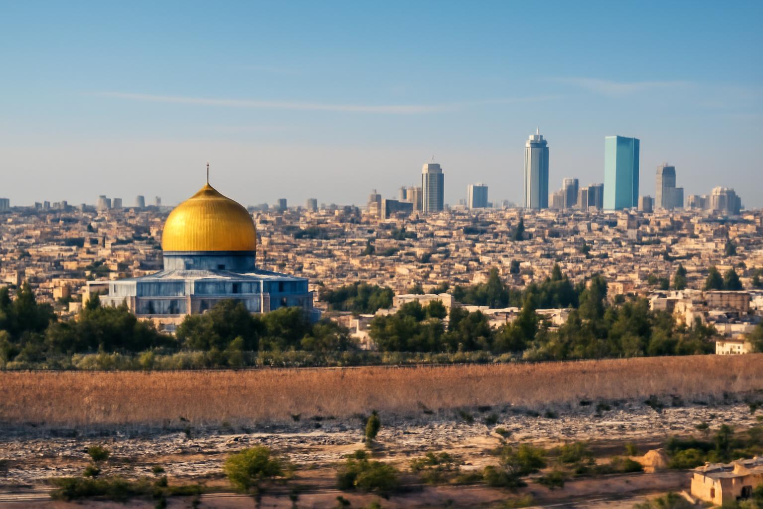 Jeruzsálem városának panorámája, a Sziklamecset aranykupolájával és modern felhőkarcolókkal.