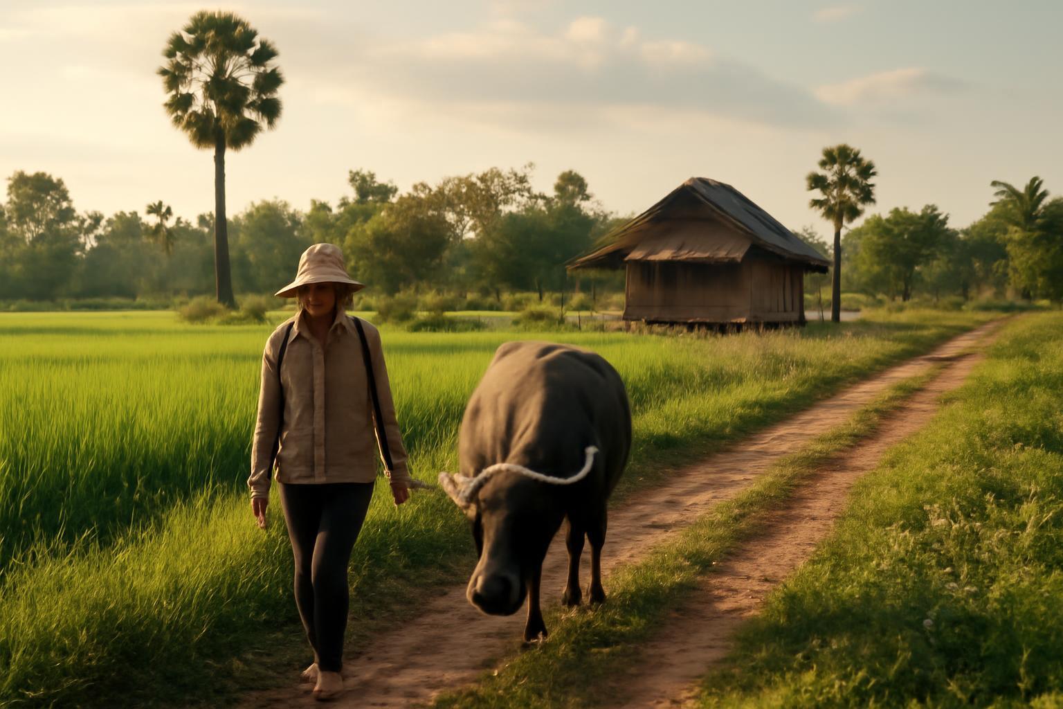 Egy nő sétál egy vízibivaly mellett a kambodzsai rizsföldek között.