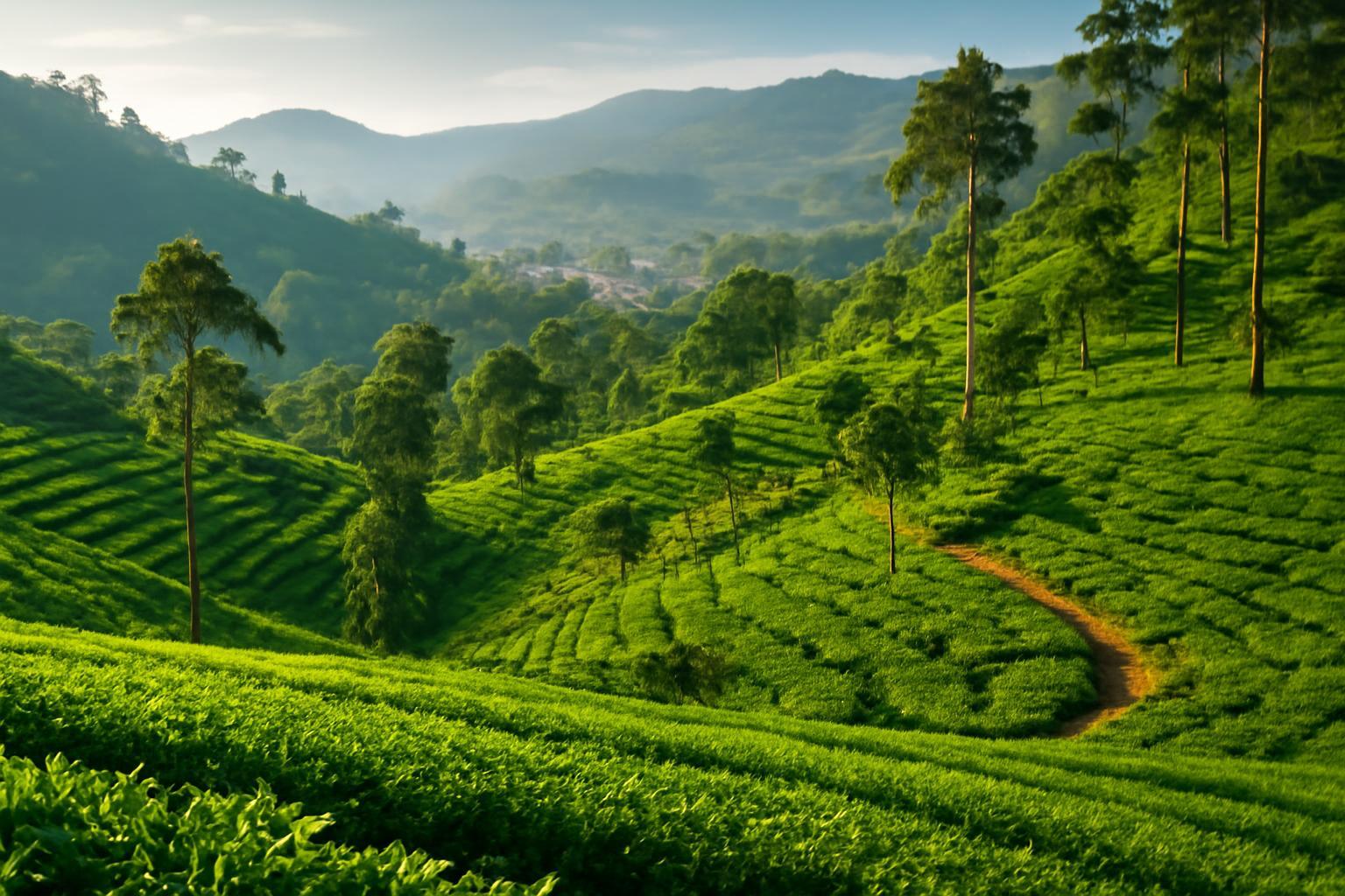 Zöldellő teaföldek Kandy környékén, dombos tájjal és fákkal.