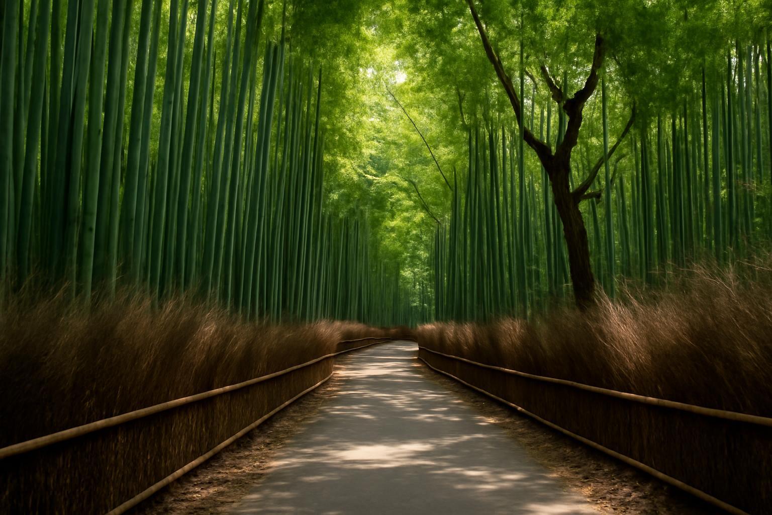 A Kiotó bambuszligetének ösvénye, magas bambuszokkal körülvéve.