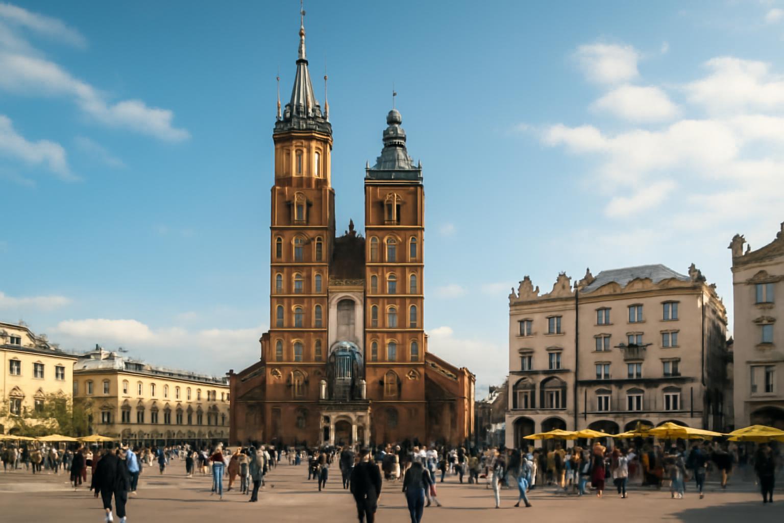 A krakkói főtér, a Szent Mária-templom és a környező épületek, sok látogatóval.
