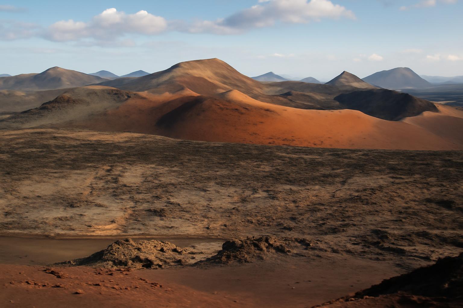 Lanzarote vulkanikus tájai, fekete lávamezők és vörös kráterek látványa.