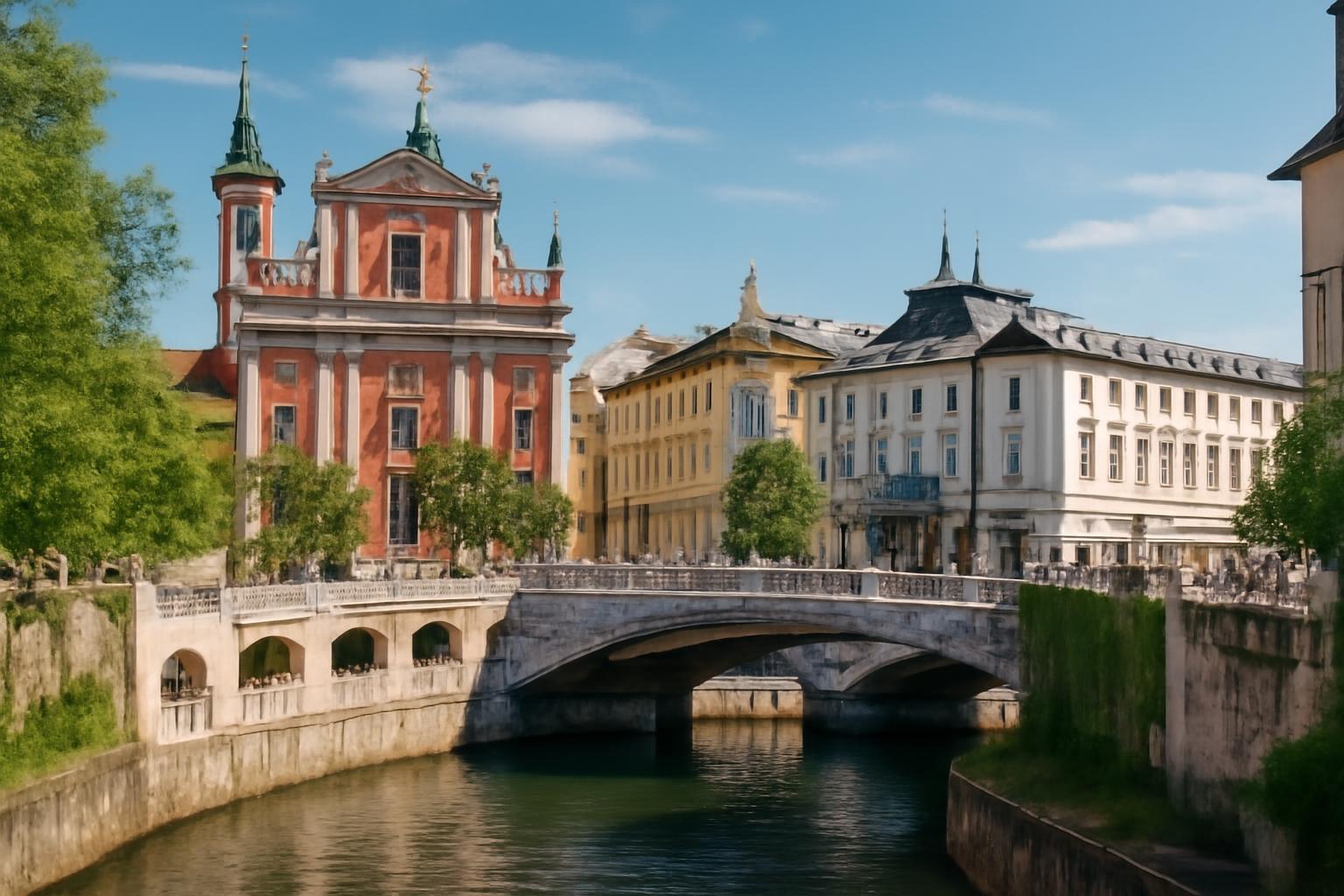 A Ljubljanica folyó partján álló színes épületek és híd látképe Ljubljana városában.