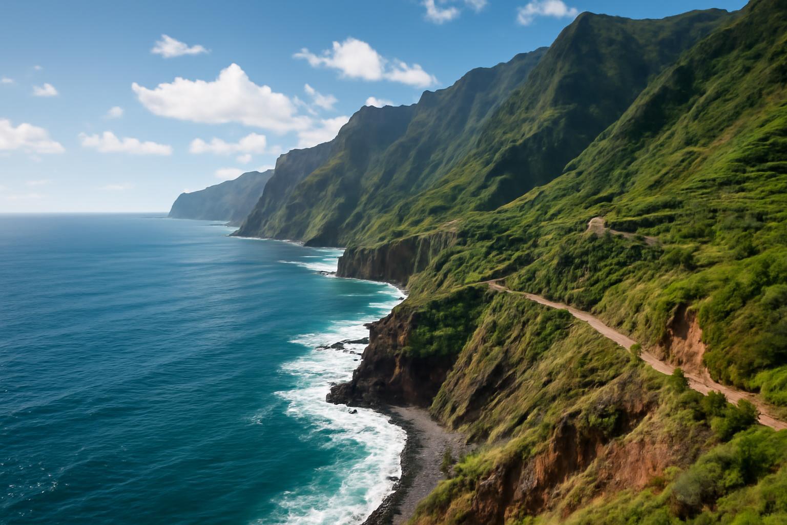A Madeira keleti részének zöld hegyoldalai és az óceán találkozása lenyűgöző látványt nyújt.