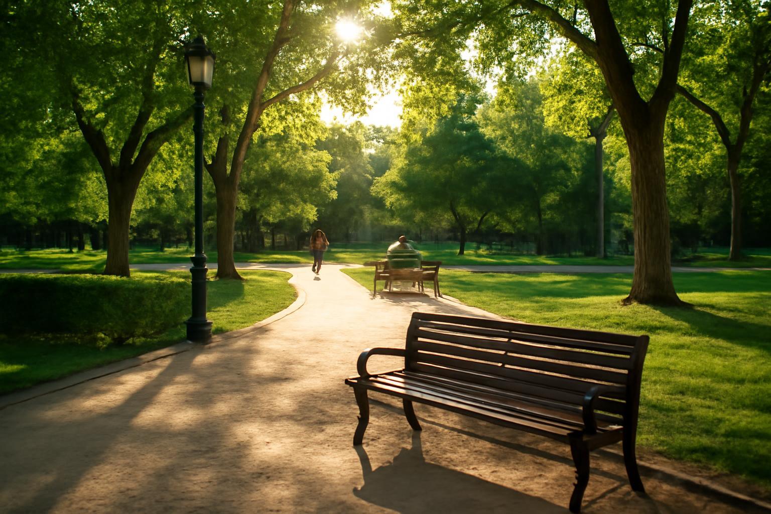 Zöldellő park Madridban, padokkal és sétálókkal, napfényben.