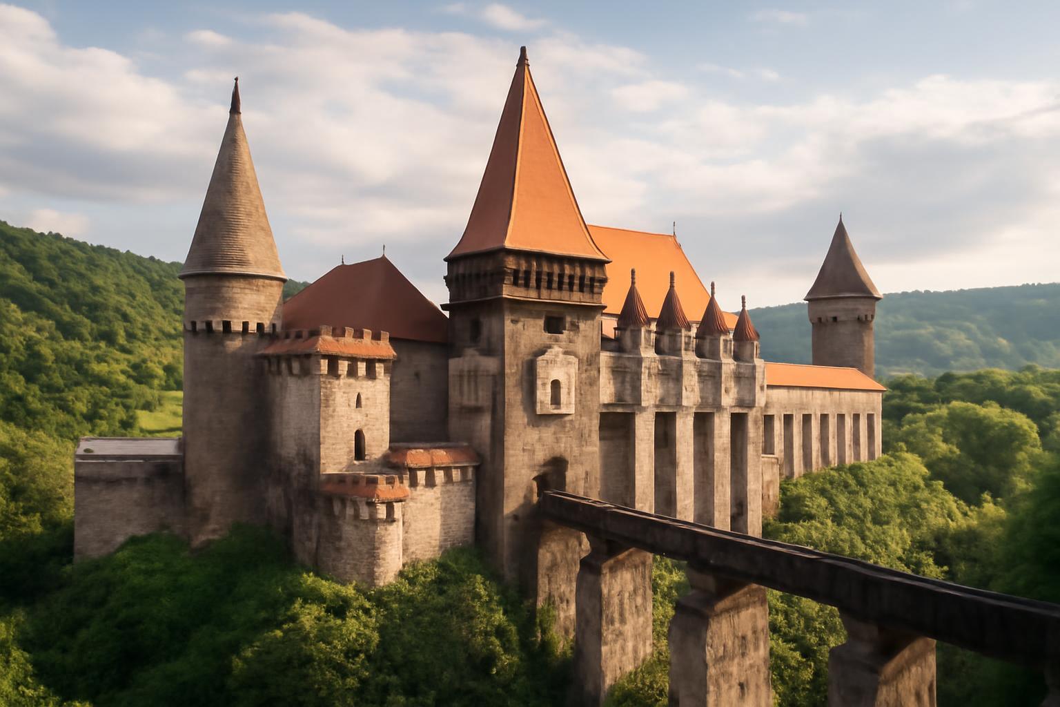 Erdély egyik impozáns kastélya zöld dombok között, mesés építészettel.