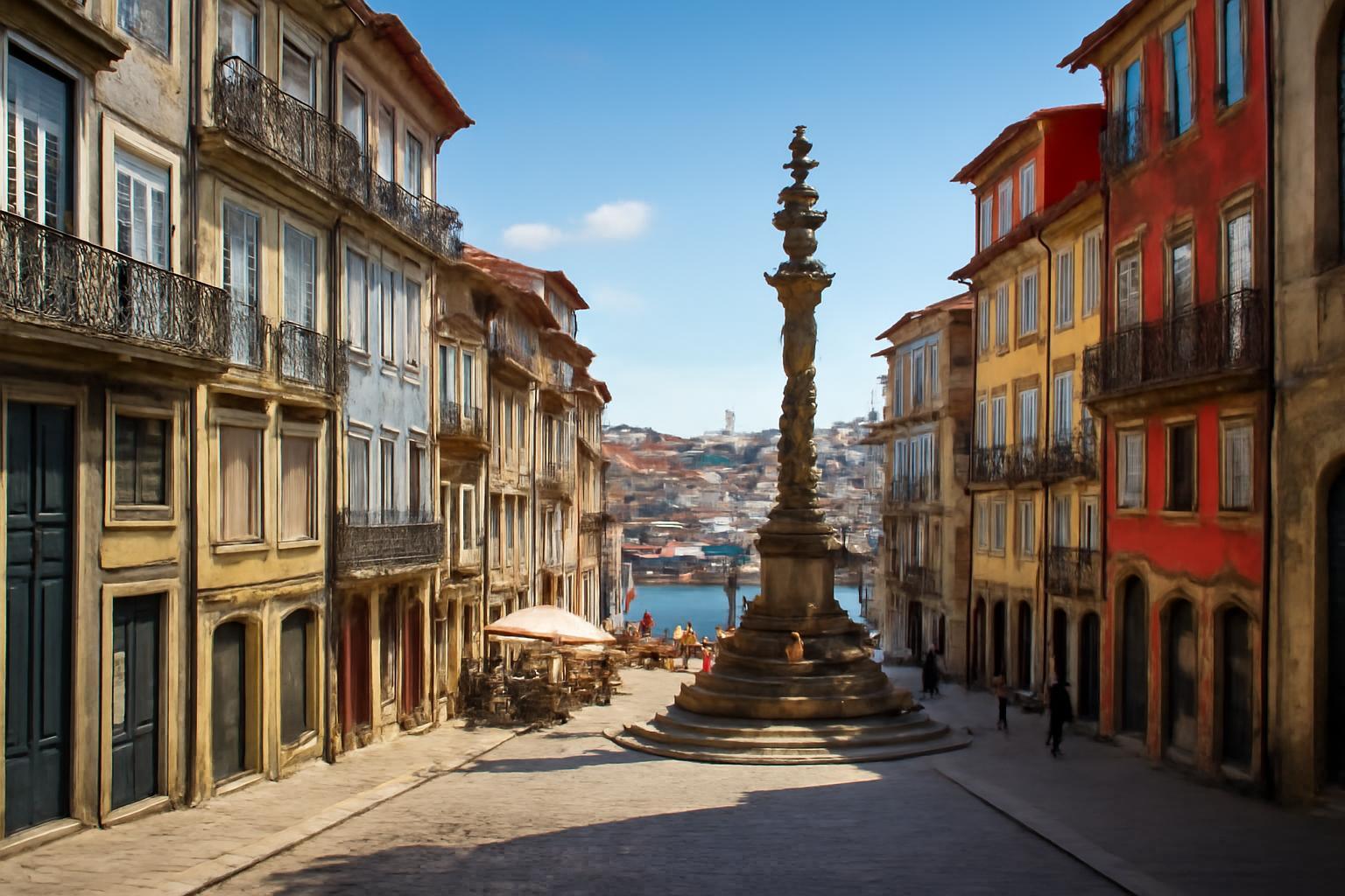 Porto színes házai között álló szobor, a háttérben a folyóval.