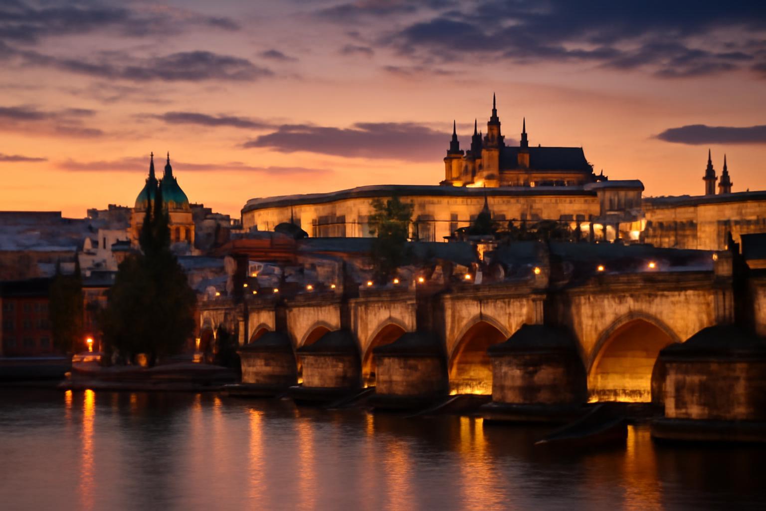A kivilágított Károly-híd és a Várnegyed látképe naplemente után Prágában.