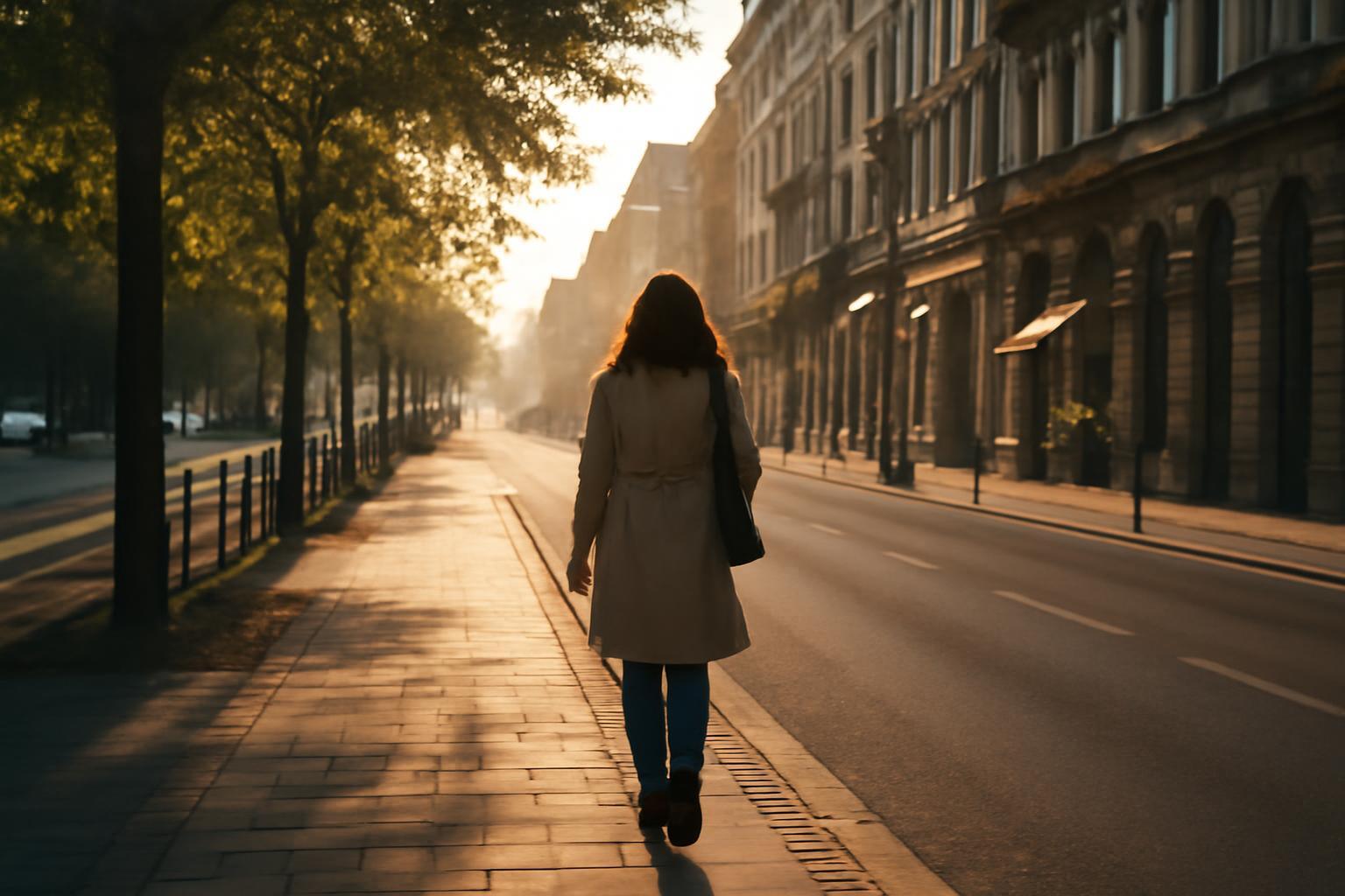 Egy nő sétál egy csendes városi utcán reggel, napfényben.