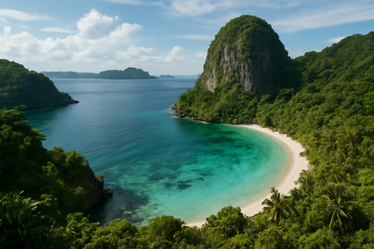 Egy gyönyörű, eldugott indonéz öböl, zöld dombokkal és tiszta vízzel.