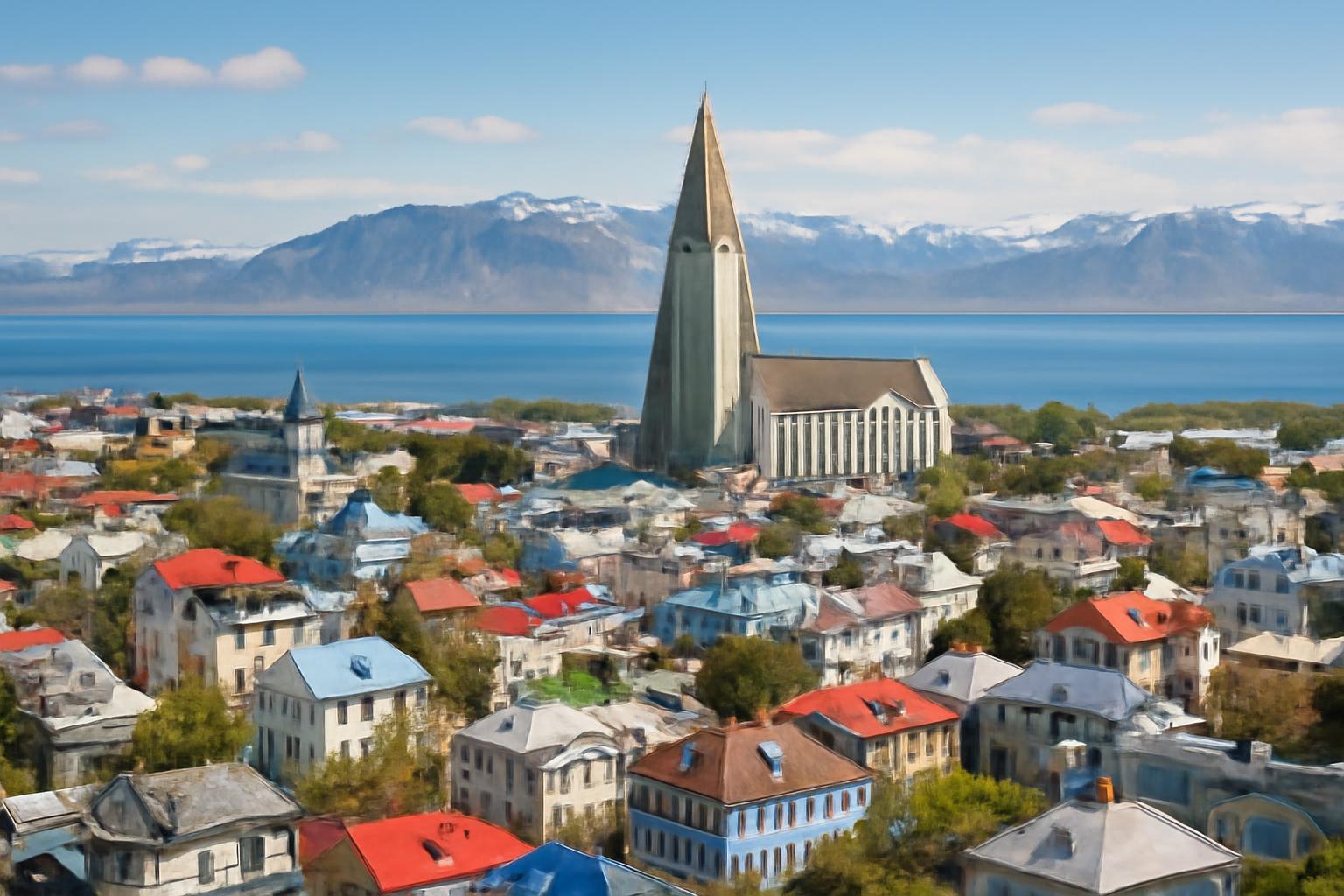 Reykjavik városának panorámája, a Hallgrímskirkja templom kiemelkedő tornyával és színes házakkal.