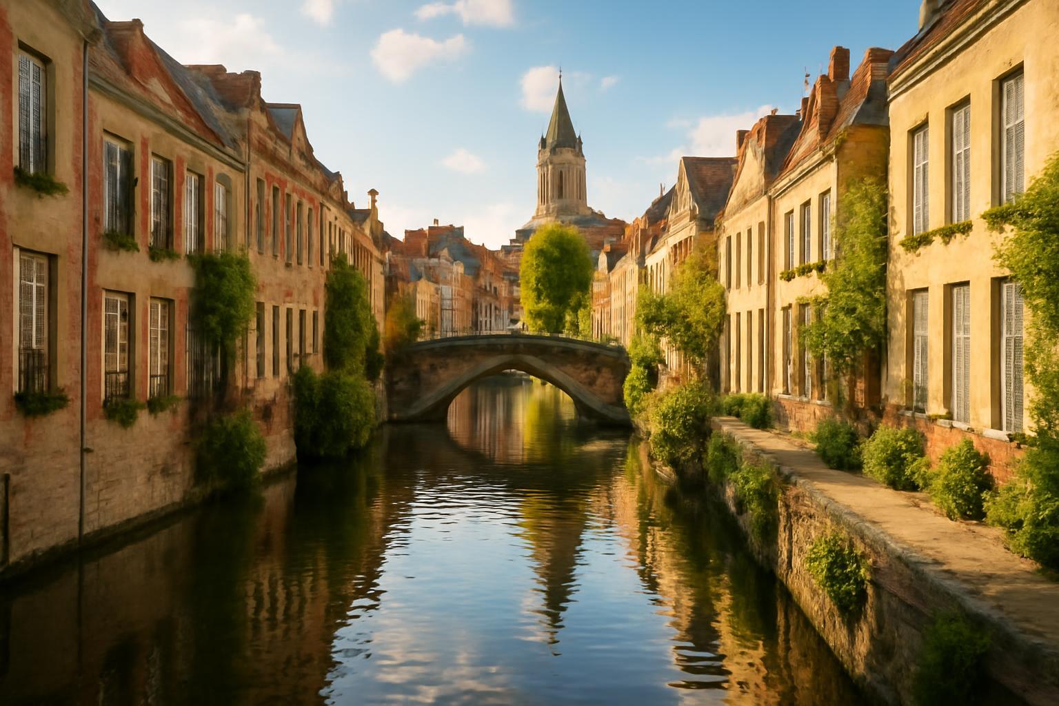 Egy csatorna mentén álló, romantikus épületek és híd képe, amely a város varázsát tükrözi.