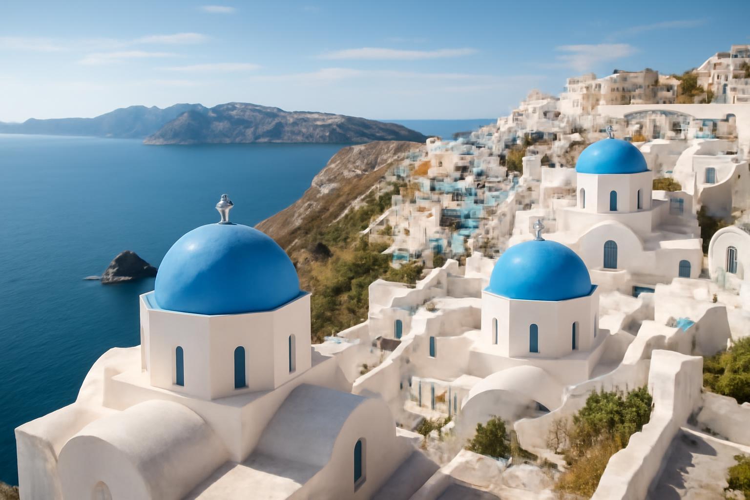 Kék kupolás templomok és fehér házak a tengerparti Santoriniben.
