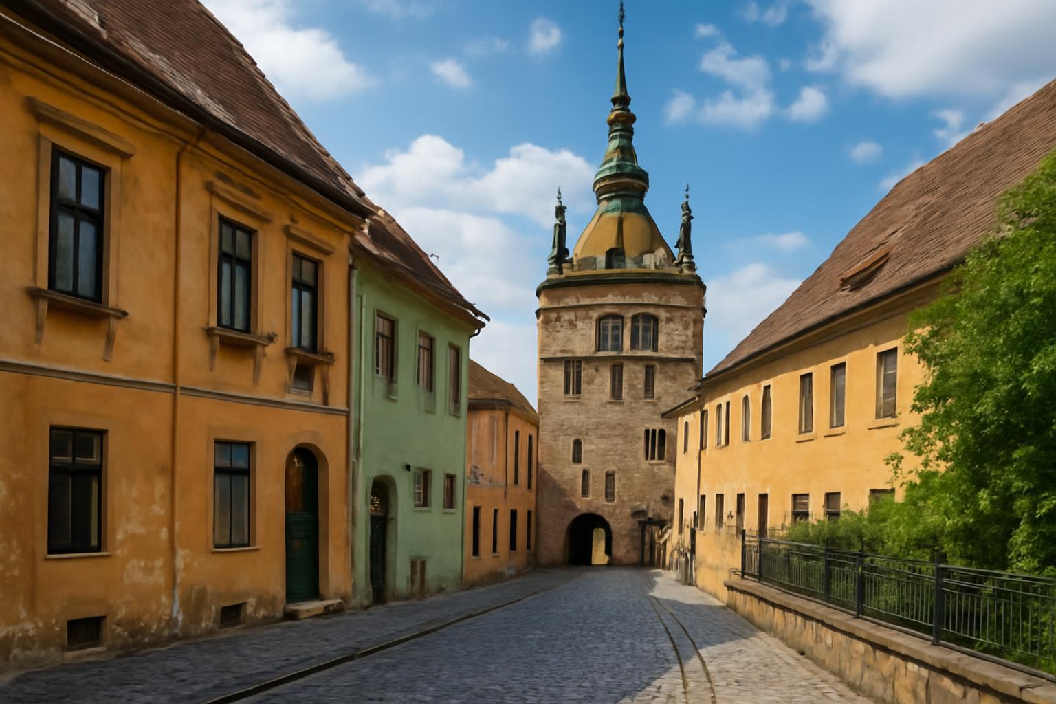Színes, régi házak között álló torony Segesvár történelmi utcájában.