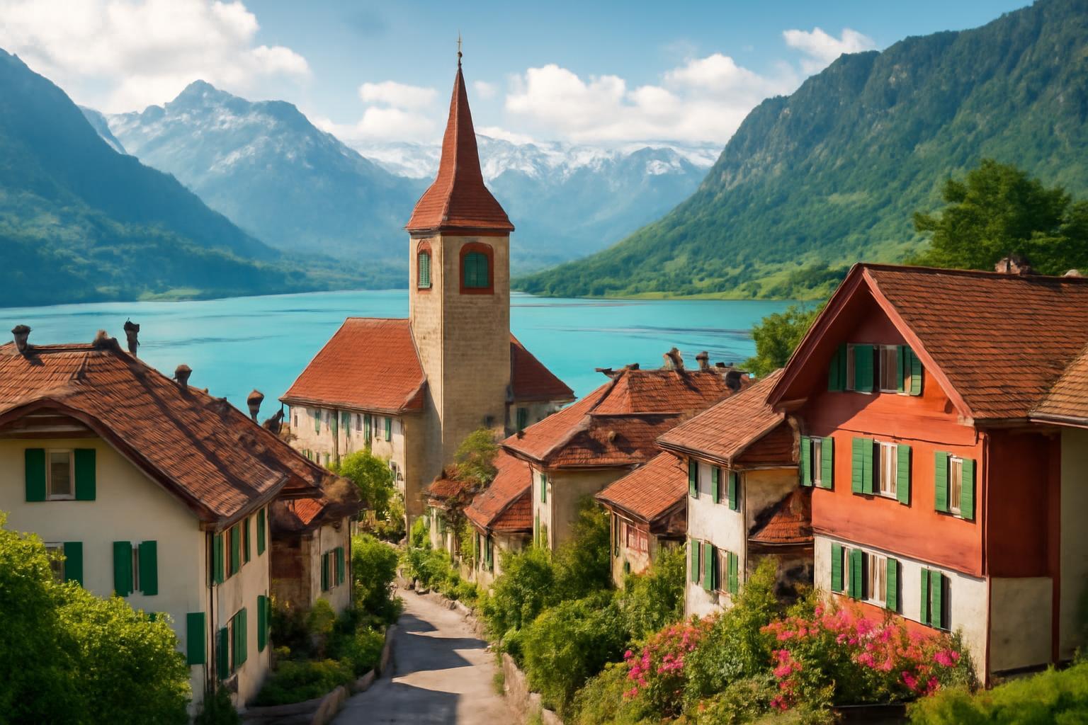 Svájc festői kisvárosa, zöld ablakos házakkal és templommal a háttérben.