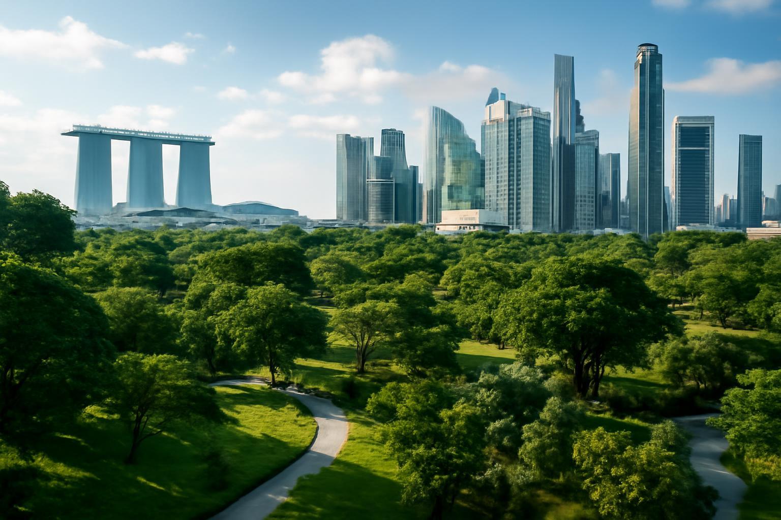 Szingapúr városképe, zöld parkokkal és modern felhőkarcolókkal.