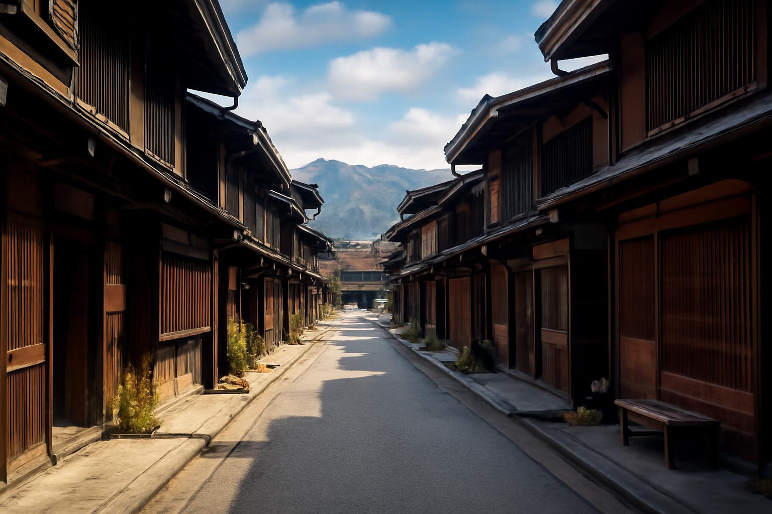 Takayama hagyományos utcája, fából készült házakkal és hegyekkel a háttérben.