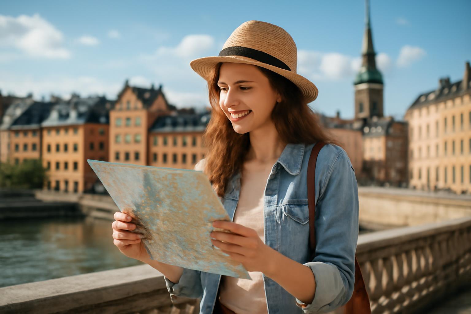 Egy fiatal nő térképet néz, miközben városnézés közben mosolyog.