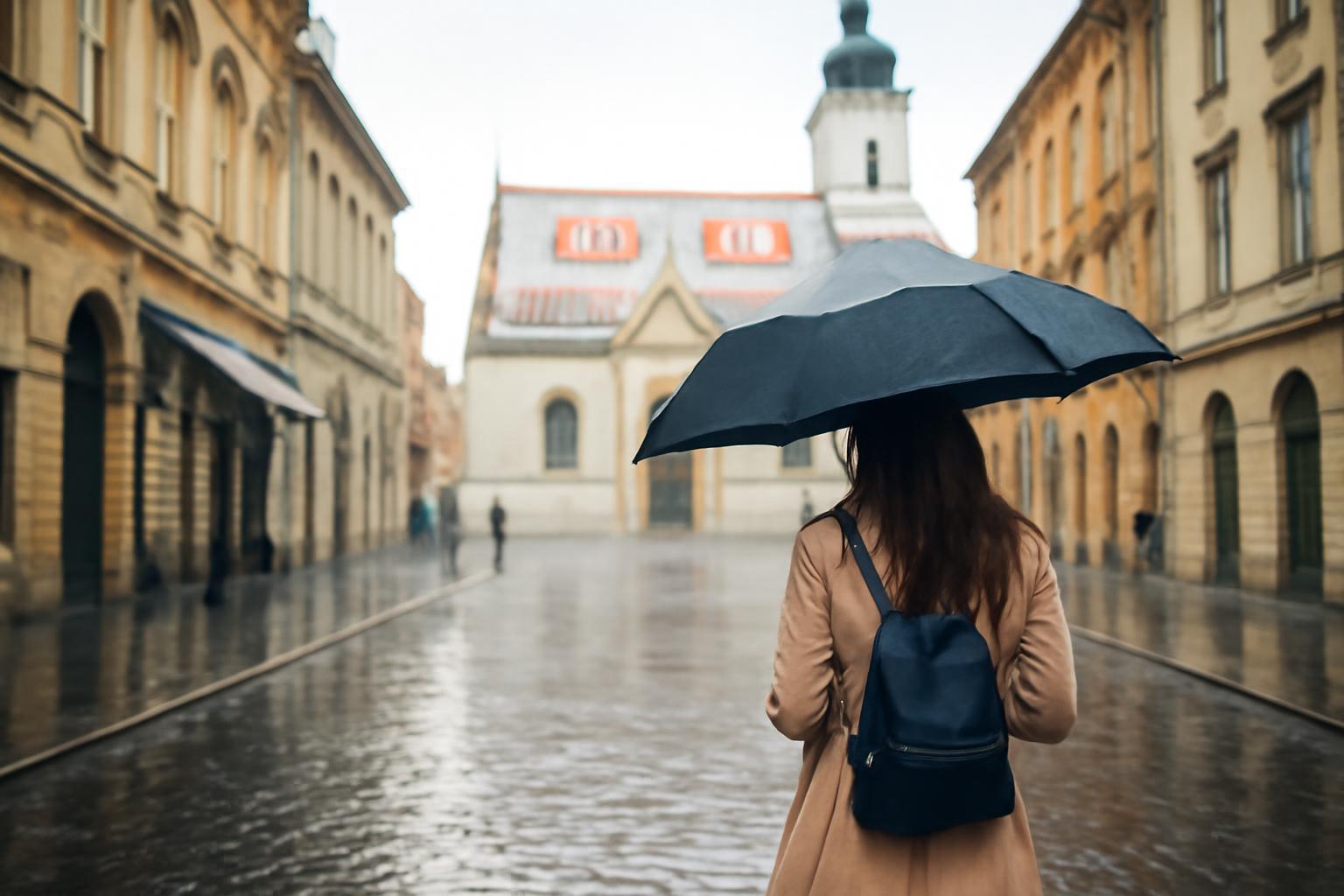 Egy nő esernyő alatt sétál Zágráb macskaköves utcáján esőben.