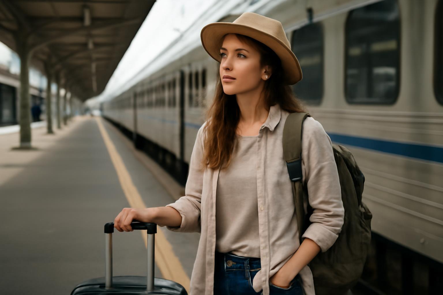 Egy fiatal nő áll egy vonatállomáson, bőrönddel és hátizsákkal, gondolkodva az utazásról.