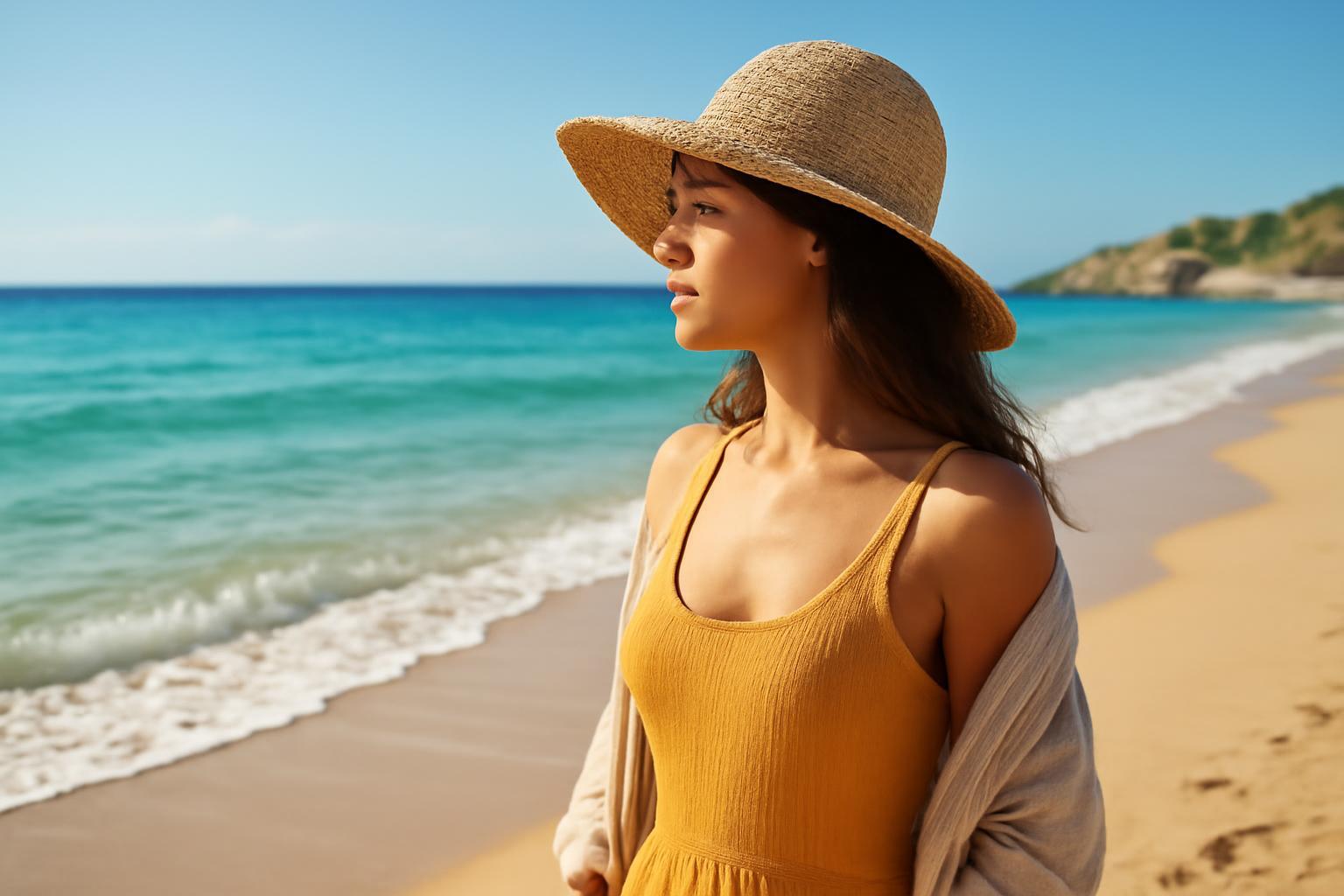 Egy nő napernyőben áll a tengerparton, a napfényben fürödve.