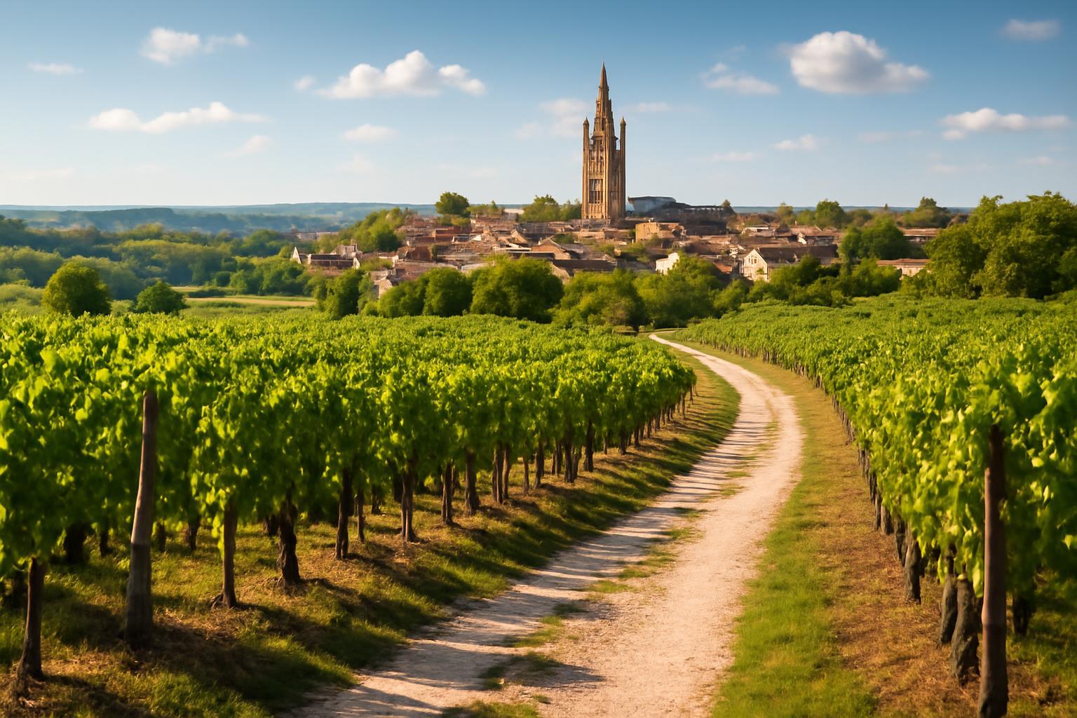Zöld szőlőültetvények és egy középkori templom a háttérben Saint-Émilionban.