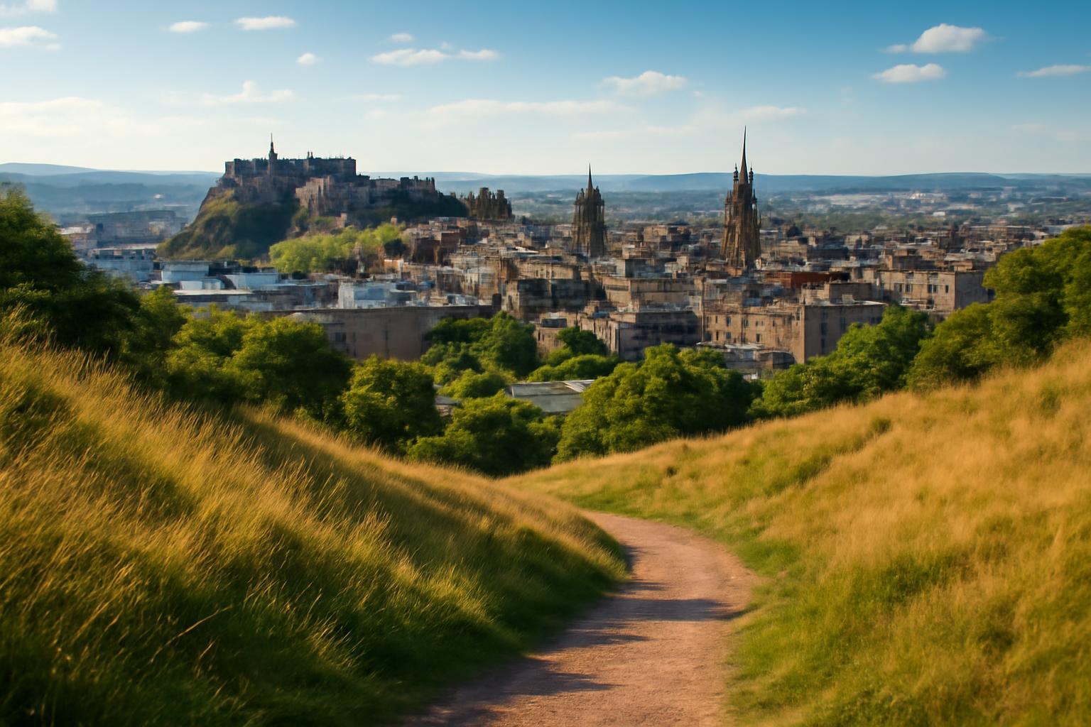 Edinburgh városának panorámája, a vár és a város épületei a domboldalon.