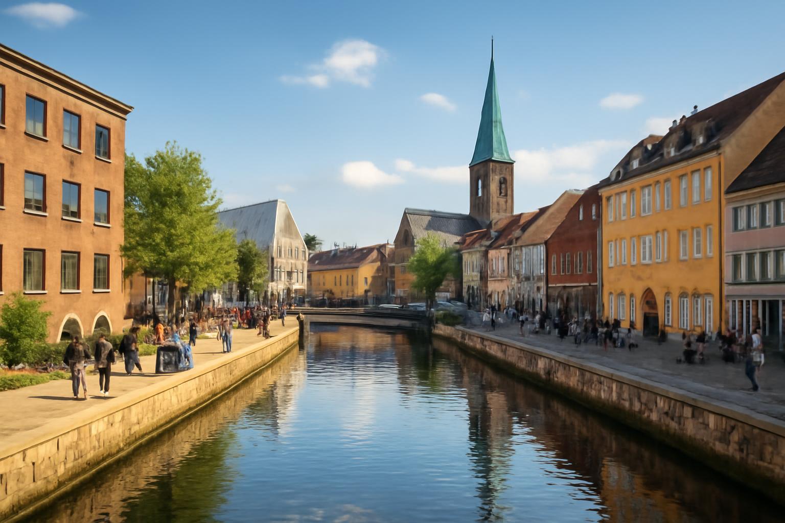 Aarhus városának csatornája mentén sétáló emberek és színes épületek.